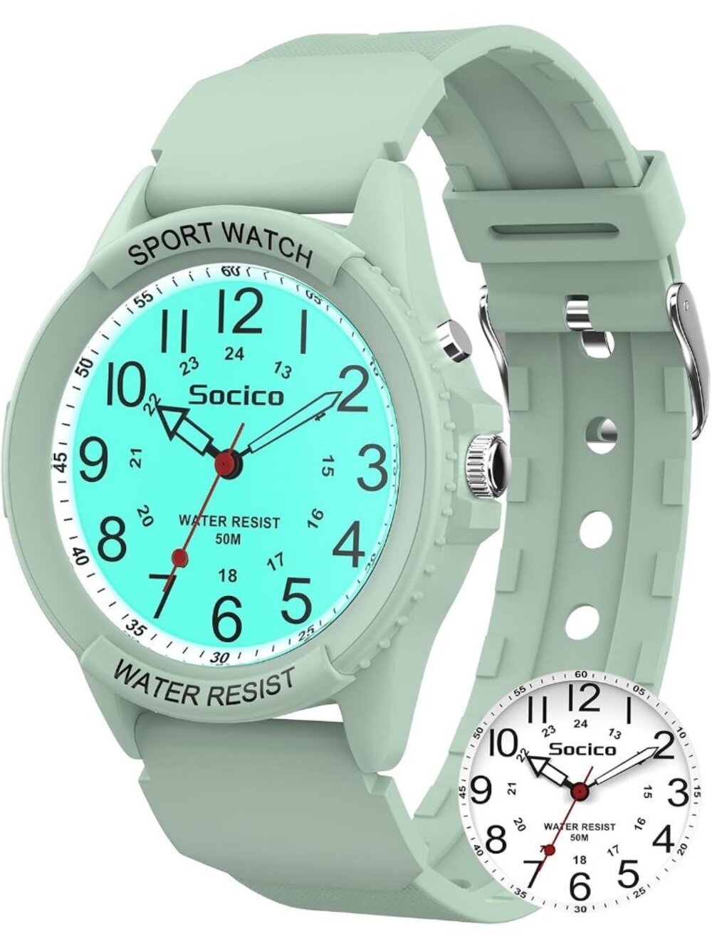 Women's Green Waterproof Night Light 12/24H Soft Band Easy to Read Wrist Watch